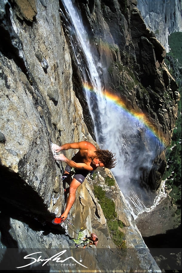 [Image: Yosemite Rock Climbing Photography 1001 by @shawnreeder - Just got a request for an old image of mine so I reprocessed an old scan ~ Sean Jones climbing over Ribbon Falls #Yosemite on Propic]