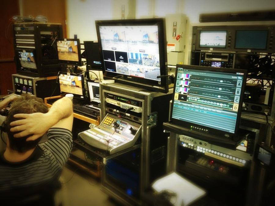 [Image: Image by @tomguilmette - Fly-pack mobile control room set up in hallway… on Propic]